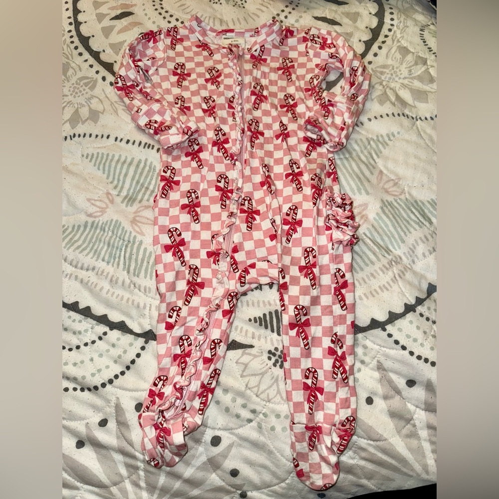 Spearmint Love Pink Checkered Christmas Candy Cane One Piece. Size 6-9 months
